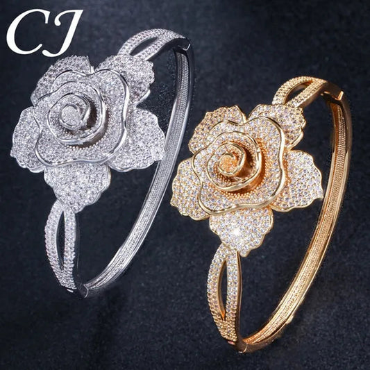 CANDICE Exquisite Open Cuff Style Paving Cubic Zirconia White Gold Plating Women Large Flower Bangle Bracelets Jewelry for Evening Party Wedding