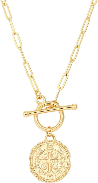 Saint Benedict Necklace Drop 18K Gold Toggle Medallion Coin Cross Pendant Necklaces Religious Jewelry Catholic Gift for Women - WORLD TIME VISITS