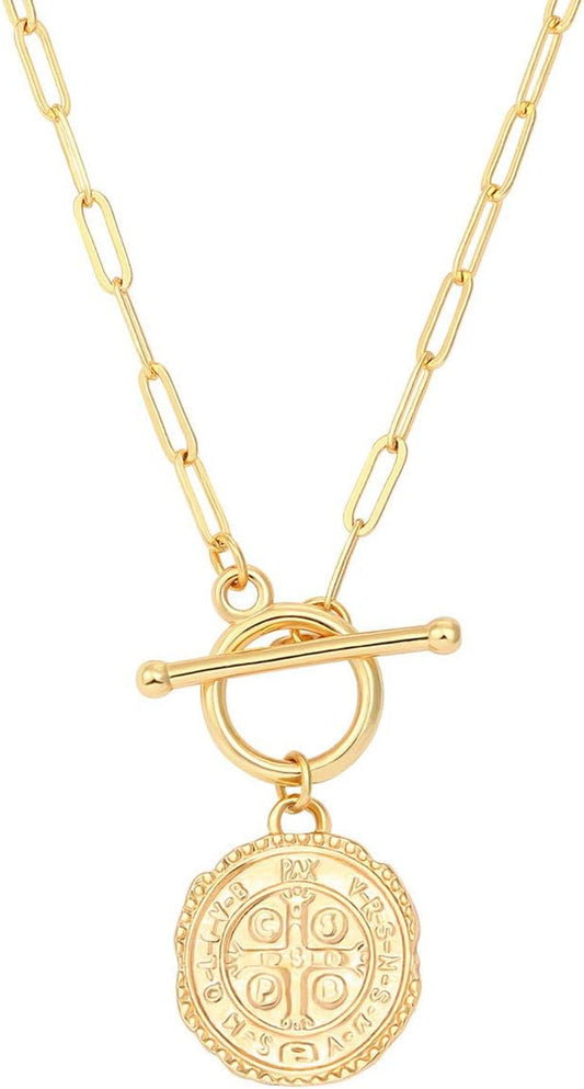 Saint Benedict Necklace Drop 18K Gold Toggle Medallion Coin Cross Pendant Necklaces Religious Jewelry Catholic Gift for Women - WORLD TIME VISITS