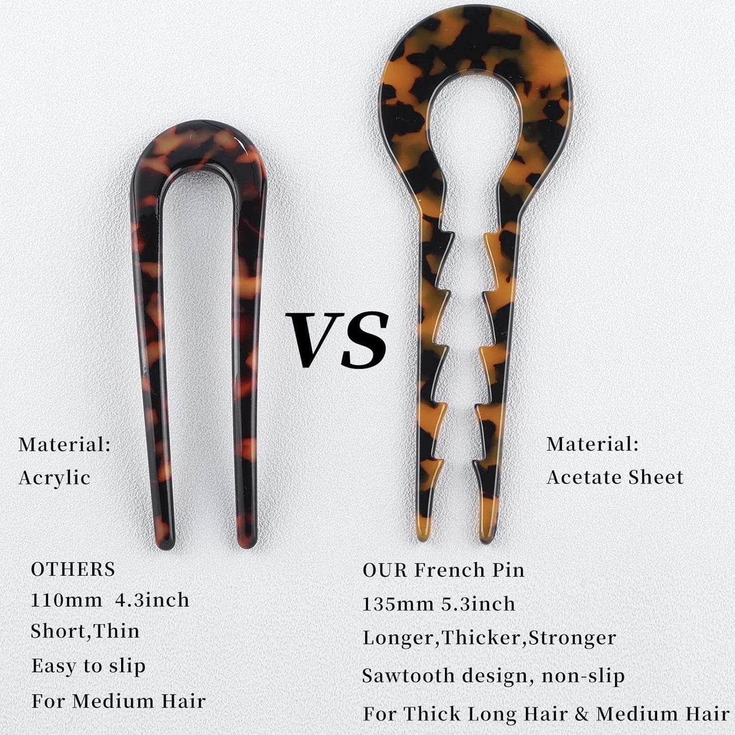 5.3Inch U Shaped Acetate 2 Prong Bun French Pin, Hair Fork for Women(Pack of 3)