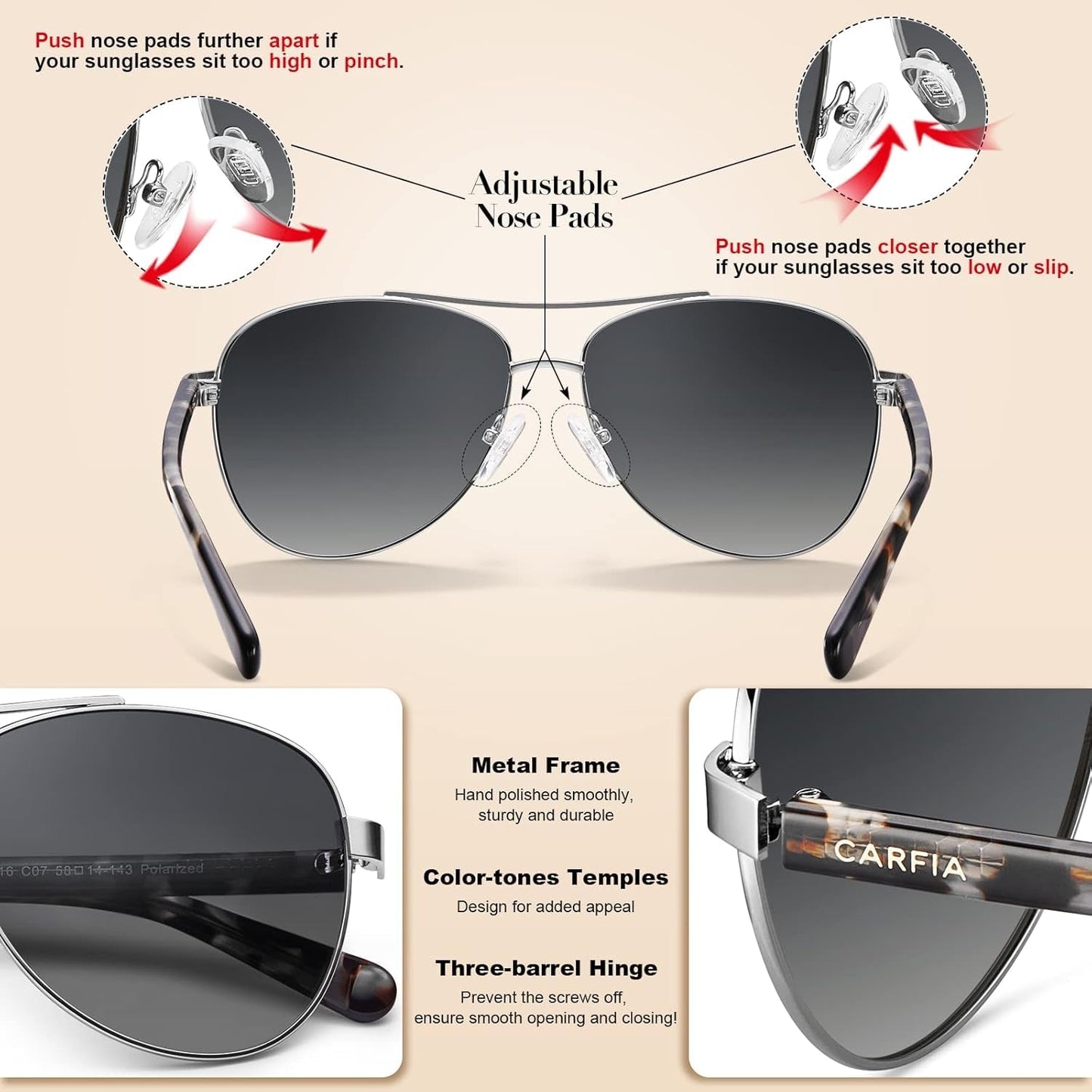 Polarized Sunglasses for Women UV Protection Acetate Arms Metal Frame Woman'S Shades CA3216