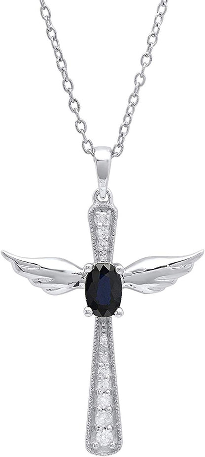 6X4 MM Oval Gemstone & round Diamond Angel Cross Pendant (Silver Chain Included), Sterling Silver - WORLD TIME VISITS