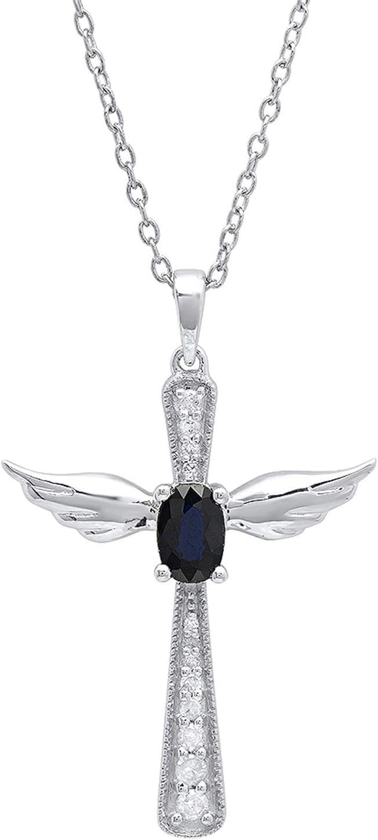 6X4 MM Oval Gemstone & round Diamond Angel Cross Pendant (Silver Chain Included), Sterling Silver - WORLD TIME VISITS