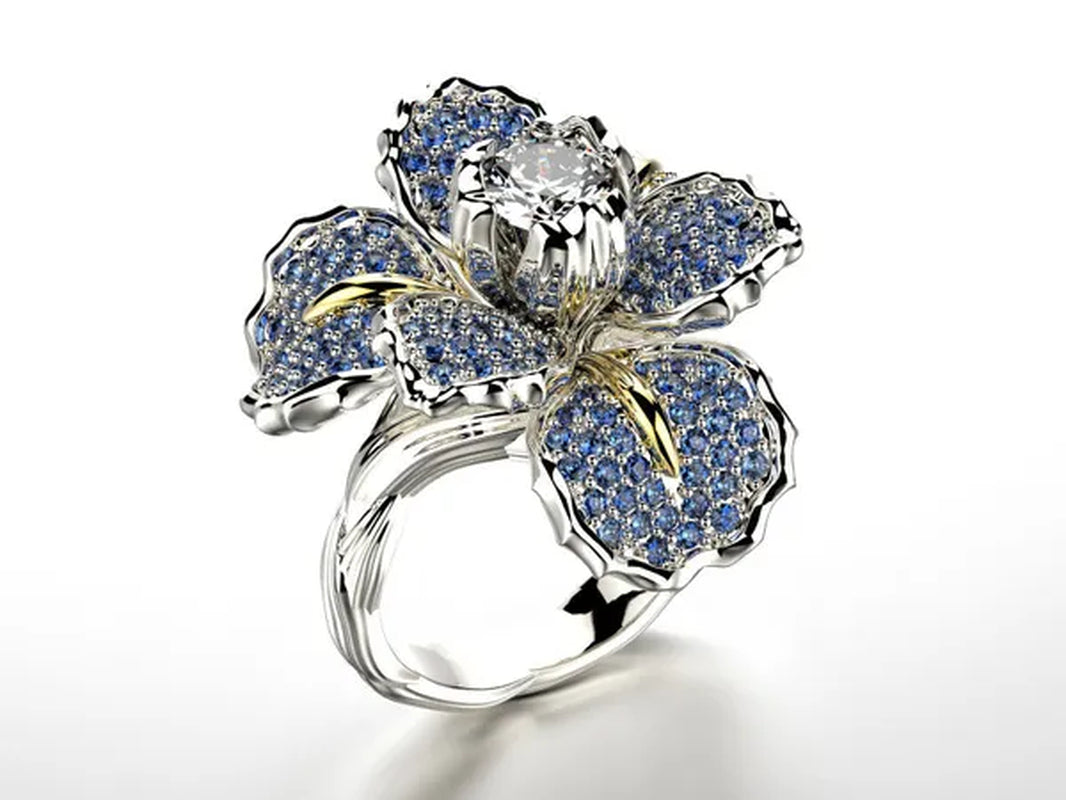 Silver Ring Iris Flower Two Tone Ring Blue Sapphire Flower Engagement Cocktail Ring Statement Crown Ring Natural Gemstones Ring Wedding Bride Engagement Band Charm Party Ring Jewelry