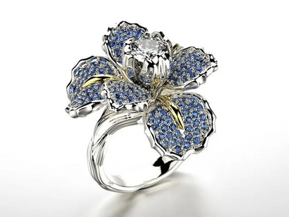 Silver Ring Iris Flower Two Tone Ring Blue Sapphire Flower Engagement Cocktail Ring Statement Crown Ring Natural Gemstones Ring Wedding Bride Engagement Band Charm Party Ring Jewelry