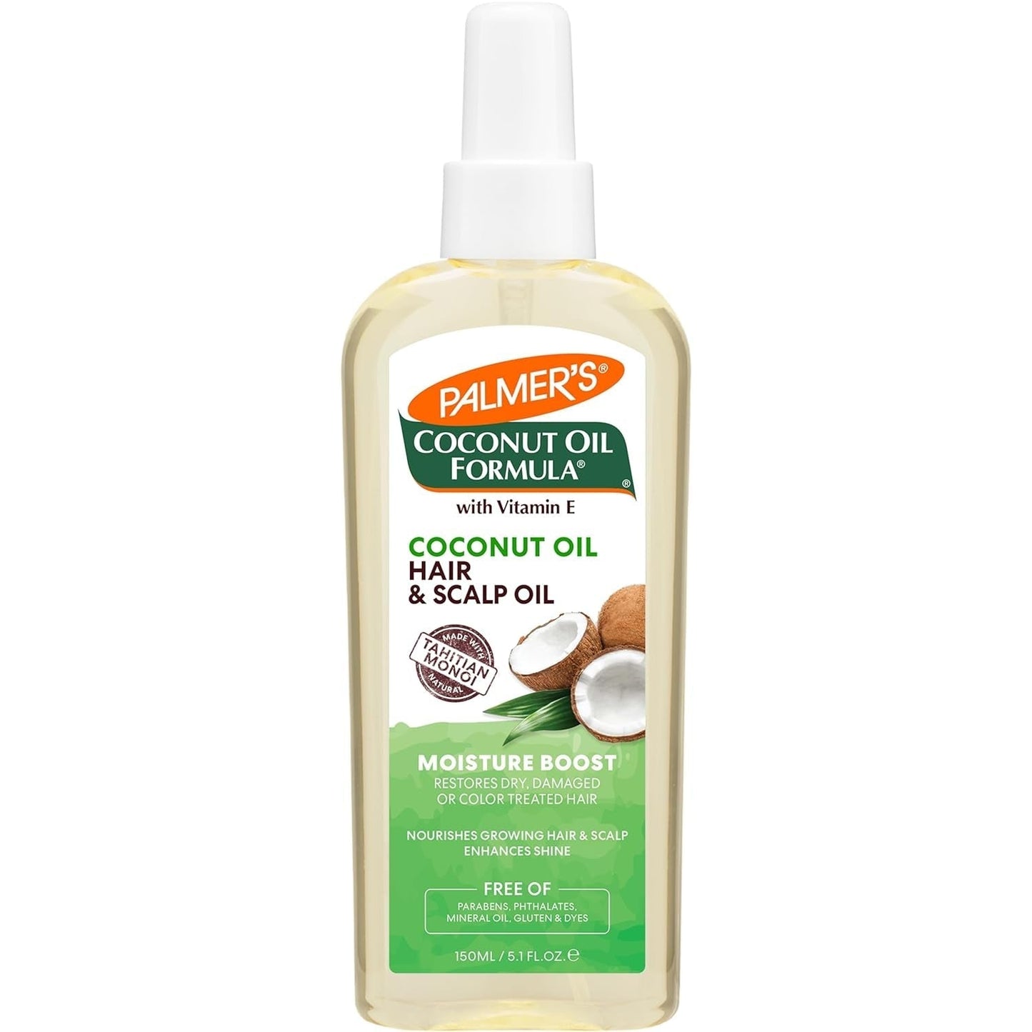 Coconut Oil Moisture Boost, Restorative Hair and Scalp Oil Spray, Lasting Hydration and Shine for Dry or Damaged Hair, Promotes Scalp Health, 5.1 Oz