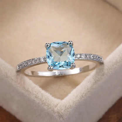 1Pcs Simple Style Micro-inlaid Zircon Sapphire Color Treasure Square Diamond Ring For Women Jewelry Gift