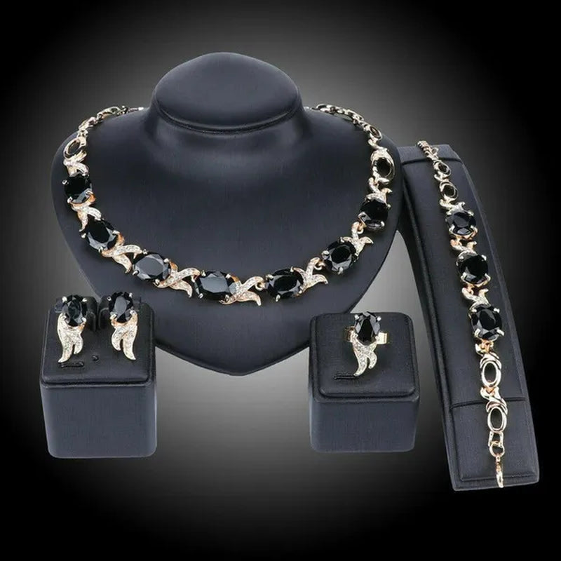 Women Gold Plated Crystal Zircon Ruby Pendant Wedding Party Necklace Bracelet Ring Earring Jewelry Sets