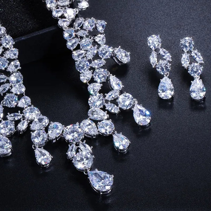 CANDICE Gorgeous Multi Cut CZ Stone Water Drop Tassel Necklace Earrings Set High Quality White Gold Plated Costume Jewelry Sets for Wedding Prom