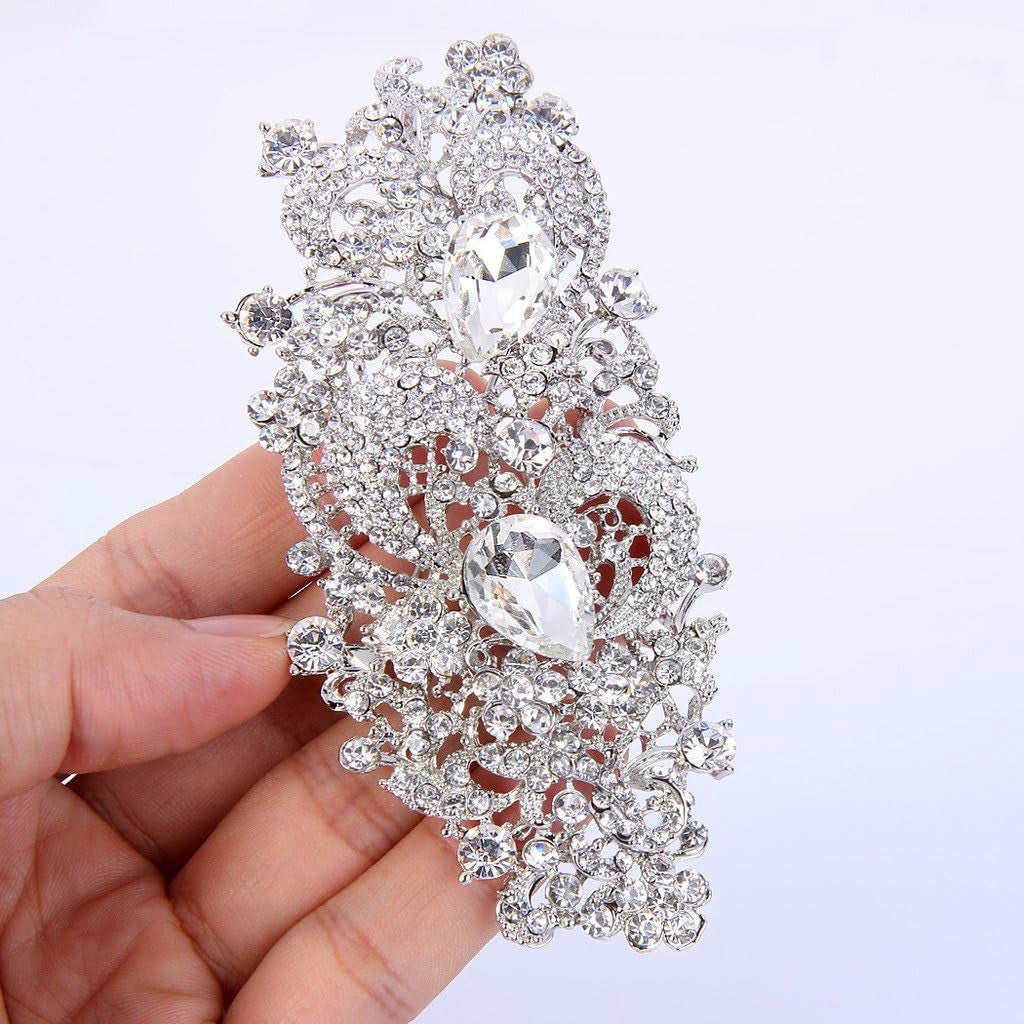 Austrian Crystal 4.1 Inch Royal Flower Pattern Wedding Brooch Clear - WORLD TIME VISITS