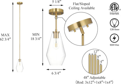 Brass Pendant Lights Ktichen Island, Modern Farmhouse Dining Room Light Fixtures over Table Brushed Brass Glass Kitchen Hanging Lights for Bedroom,Bar,Sink XB-P1228-BS