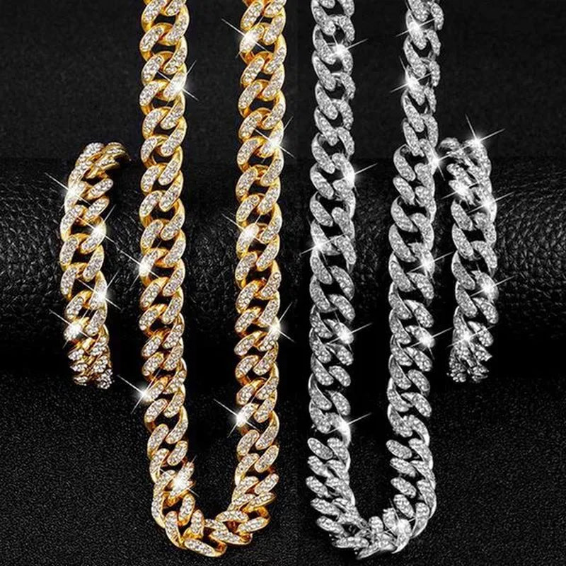 A Set(Bracelet+Necklace) 13MM Width Cuban Link Chain Gold Silver Plated Bling Miami Cuban Necklace Bracelet Diamond Chain for Fashion Men and Women Iced Out Hip Hop Jewelry Set - WORLD TIME VISITS