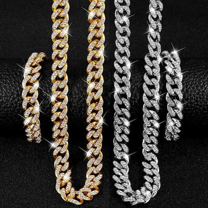 A Set(Bracelet+Necklace) 13MM Width Cuban Link Chain Gold Silver Plated Bling Miami Cuban Necklace Bracelet Diamond Chain for Fashion Men and Women Iced Out Hip Hop Jewelry Set - WORLD TIME VISITS