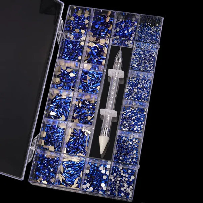 3000Pcs/Box Mixed AB Glass Crystal Diamond In Grids 21 Shape and  Flatback Nail Art Rhinestone Set with 1 Pick Up Pen