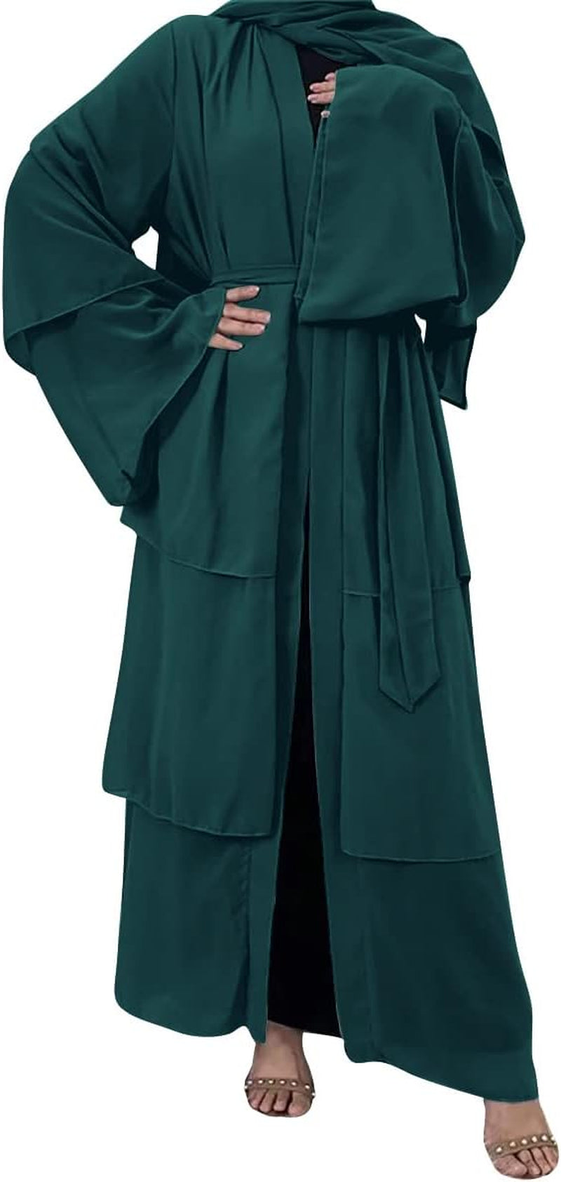 Muslim Chiffon Abaya for Women Open Front Cardigan Modest Dress with Hijab Scarf Middle East Arabian Robe Islamic Long Dress