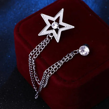 New Crystal Pentagram Brooch Pin Fashion Tassel Chains Suit Shirt Badge Collar Lapel Pin for Men and Women Jewelry Gifts