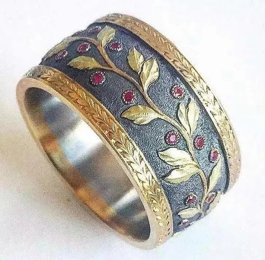 Newest Elegant Retro  Yellow Gold Two Tone Ruby Gemstone Rings Wedding Band Engagement Party Anniversary Fashion Jewelry Ring for Women's Size 5-11