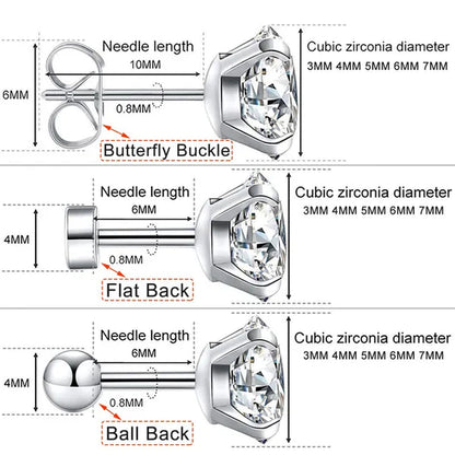 5 Pairs/Set Stainless Steel Mens Womens Stud Earrings Set round Cubic Zirconia Flat Back Earrings Piercing Ear Cartilage Hypoallergenic Men'S Earrings 3-7Mm