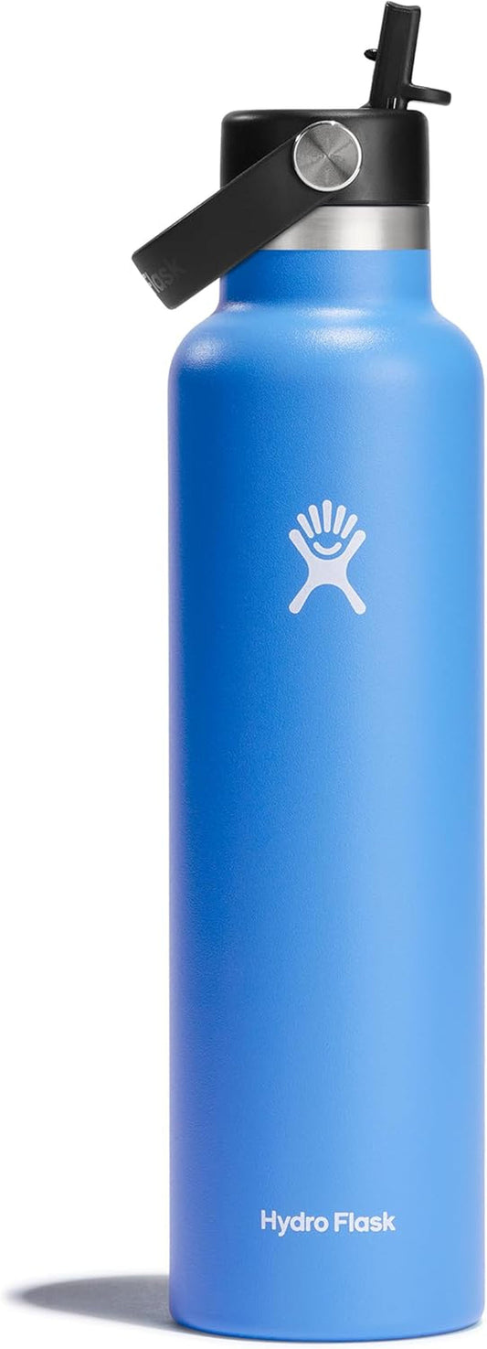 24 Oz Stainless Steel Standard Mouth Water Bottle with Flex Straw Cap and Double-Wall Vacuum Insulation - WORLD TIME VISITS
