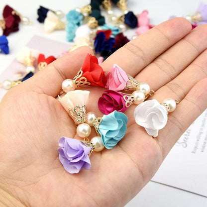 84 Pieces 12 Colors Fabric Flower Pendants Floral Cloth Tassel Jewelry Charms with Metal Caps for Earring Jewelry Making Key Chain DIY