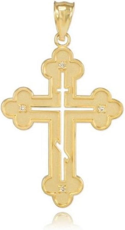 14K Yellow Gold Diamond Pendant Eastern Orthodox Cross Charm Pendant - WORLD TIME VISITS