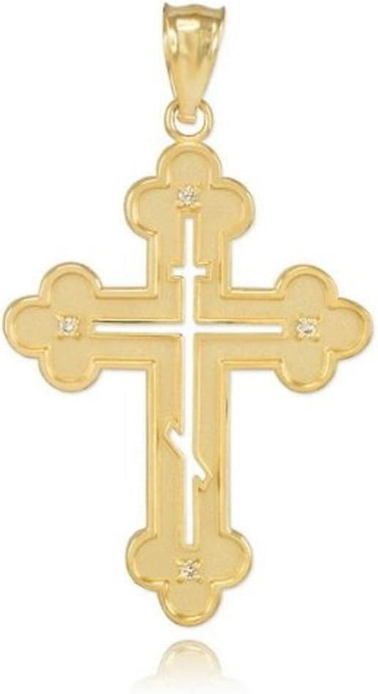 14K Yellow Gold Diamond Pendant Eastern Orthodox Cross Charm Pendant - WORLD TIME VISITS