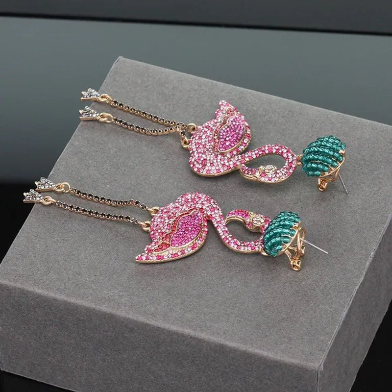 European and American High Quality Pink Diamond Earrings Flamingo Full Set Diamond Earrings Animal Exaggerated Temperament Tassel Lady Earrings Personality Jewelry