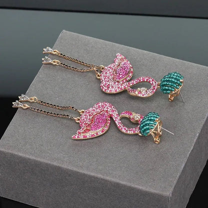 European and American High Quality Pink Diamond Earrings Flamingo Full Set Diamond Earrings Animal Exaggerated Temperament Tassel Lady Earrings Personality Jewelry