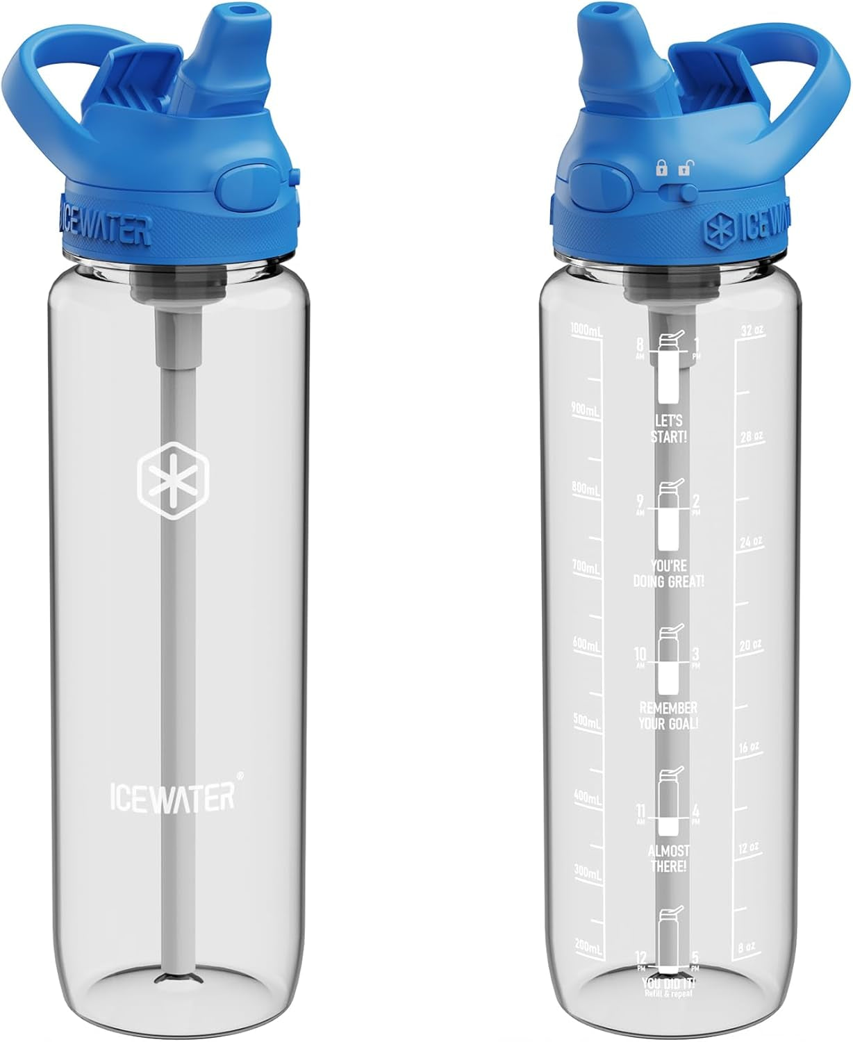 '- 32 Oz Plastic Water Bottle with Straw and Carry Handle, Leakproof Lockable Auto Straw Lid, One-Hand Operation, Motivational Time Marker, Bpa-Free (32 Oz, Blue-Clear) - WORLD TIME VISITS
