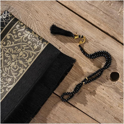 Muslim Prayer Rug with Tasbih - Prayer Mat - Islamic Gifts Set - Prayer Matt Islam - Travel Prayer Mat - Islamıc Prayer Rug - Portable Prayer Mat - Muslim Gifts for Women Men (Black)