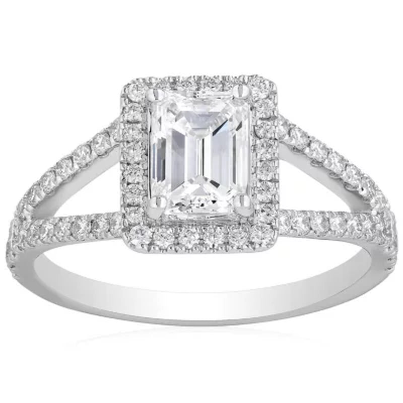 Superior Quality VS Collection 1.50 CT. T.W. Emerald Shaped Diamond Halo Ring in 18K White Gold (I, VS2)
