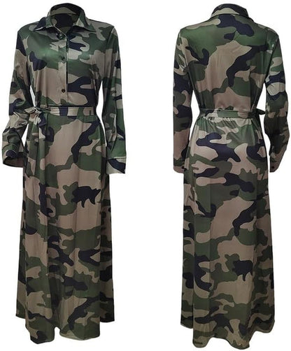 Women'S Long Sleeve V Neck Long Maxi Dress Loose African Floral Print a Line Skirt Dresses plus Size with Belt