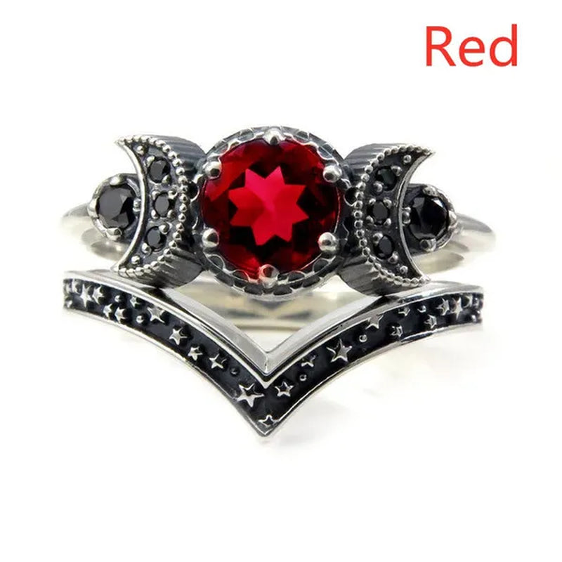 Hecate Triple Moon Ring Set Silver and Black Diamond Engagement Rings Amethyst or Red Crystal Wedding Ring Unique Moon Goddess Rings for Women Fashion Jewelry Boho & Hippie & Gothic Anniversary Gift