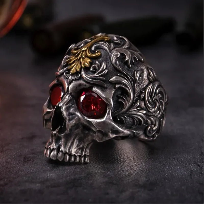 Vintage 316L Stainless Steel Carved Exquisite Pattern Skull Ring Men's Ruby Ring Antique Art Totem Ring Gothic Punk Jewelry Gift