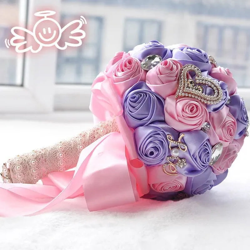 21CM Satin Ribbon Roses Wedding Bouquet Pearl Crystal Brooch Bride Holding Flowers Artificial Rose Wedding Flower Bridesmaid Bouquet. Multi-color Optional