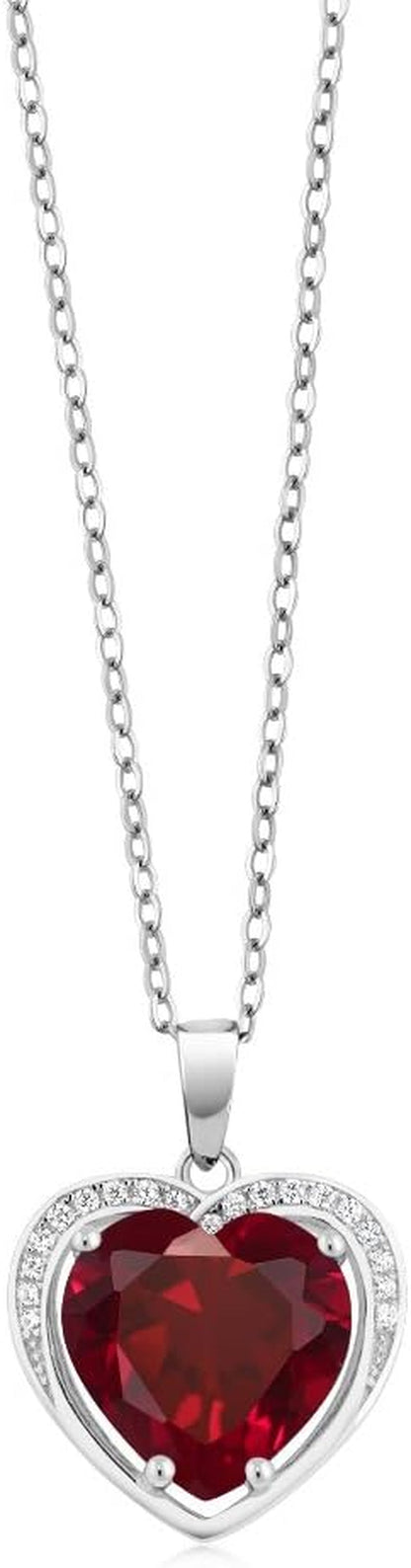 925 Sterling Silver Created Ruby Pendant Necklace for Women (4.25 Cttw, Heart Shape 10MM, with 18 Inch Silver Chain)