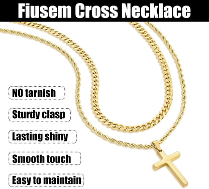Valentines Gifts for Him - 2 Pcs Cross Necklace Chain for Men and Women, Layered Mens Cross Necklaces Stainless Steel Pendant Cuban Link Rope Chain 16-26 Inch, Jewelry Gift