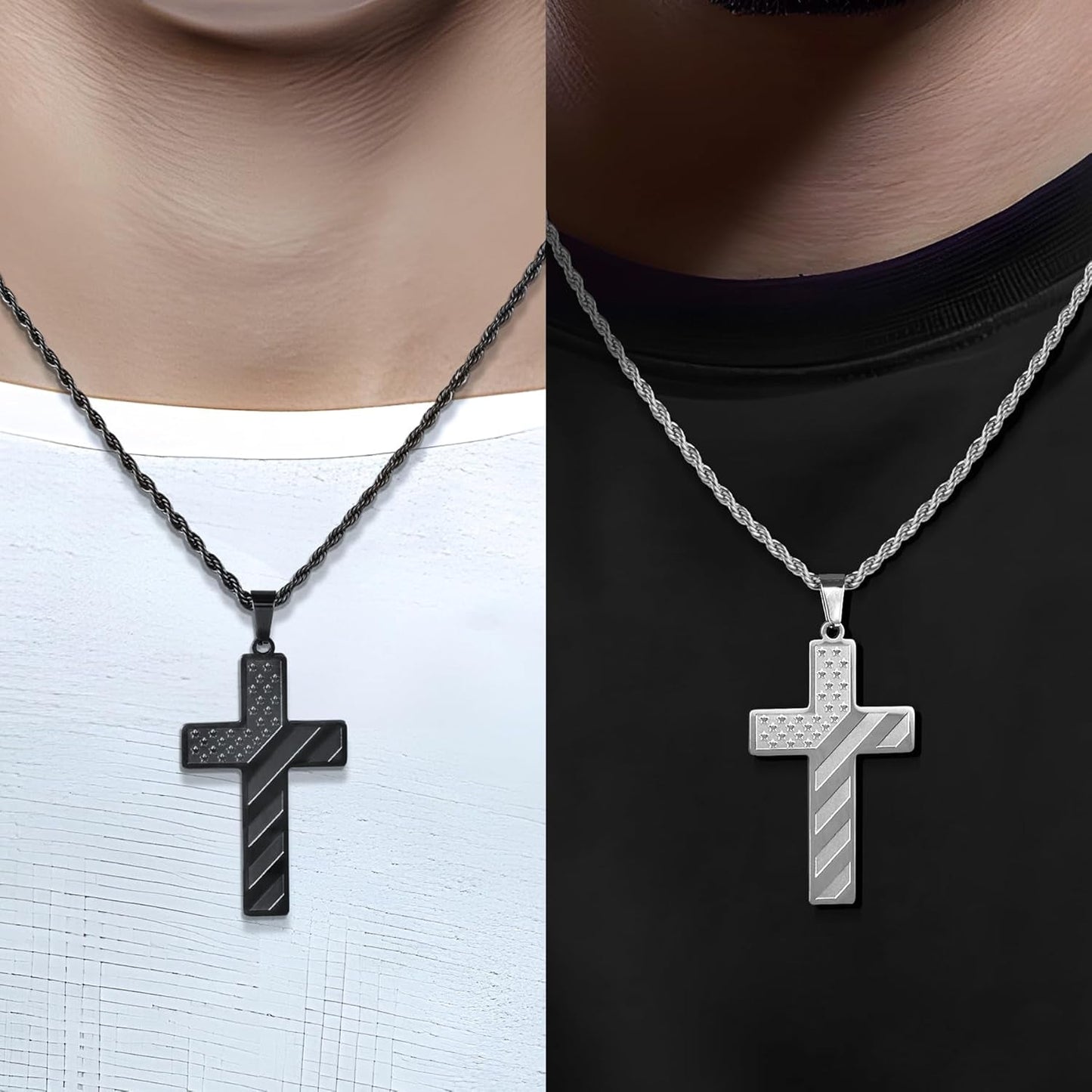 2Pcs Valentines Day Gifts Cross Necklace for Men Boys, Bible Verse Stainless Steel Silver Black American Flag Chains for Men Pendant Jewelry Box - WORLD TIME VISITS