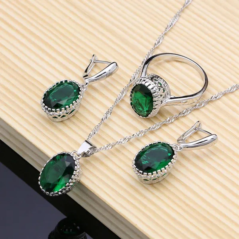 Natural 925 Sterling Silver Jewelry Green Emerald Jewelry Sets Wedding Women Earrings/Pendant/Necklace/Ring/Bracelets - WORLD TIME VISITS