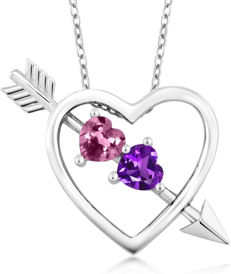 0.84 Ct Pink Tourmaline Purple Amethyst 925 Sterling Silver Heart and Arrow Pendant - WORLD TIME VISITS