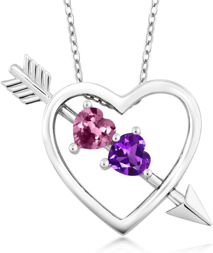 0.84 Ct Pink Tourmaline Purple Amethyst 925 Sterling Silver Heart and Arrow Pendant - WORLD TIME VISITS