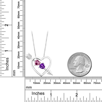 0.84 Ct Pink Tourmaline Purple Amethyst 925 Sterling Silver Heart and Arrow Pendant