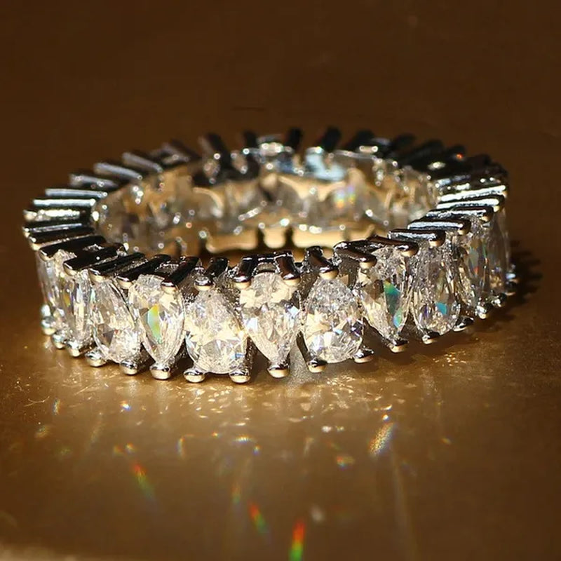 Luxurious  Silver Natural Gemstones White Sapphire Wedding Birthstone Bride Flower Engagement Ellipse Drop Ring Jewelry Size 6 7 8 9 10