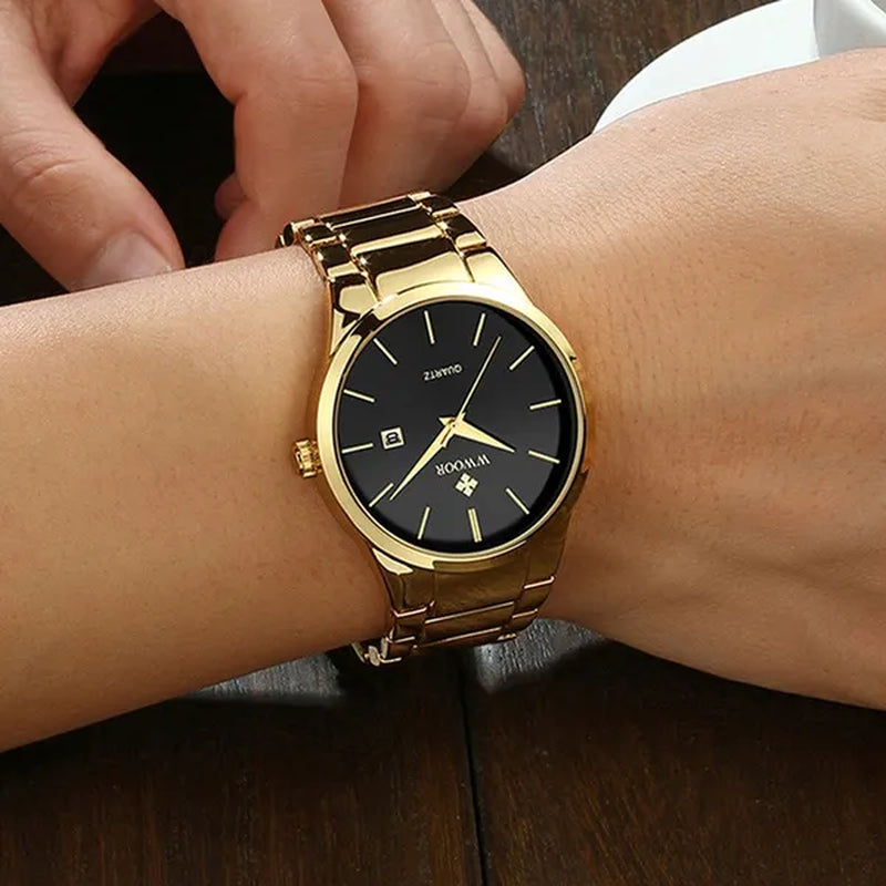 relojes hombre 2020 WWOOR Gold Watch Men Luxury Mens Quartz Wristwatch Business Watch Stainless Steel Waterproof Auto Date Clock with gift box - WORLD TIME VISITS