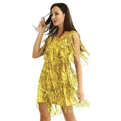 Womens V Neck Sleeveless Sparkling Sequin Tassels Ballroom Samba Tango Latin Dance Dress Stage Performance Costumes