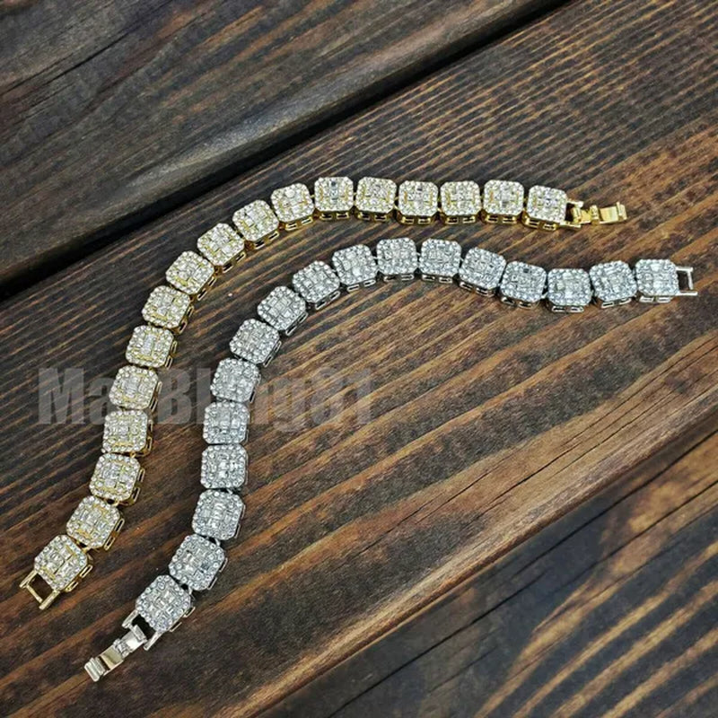 Hip Hop Gold Silver Iced Lab Diamond Baguette Stone Chain Fashion Bracelet