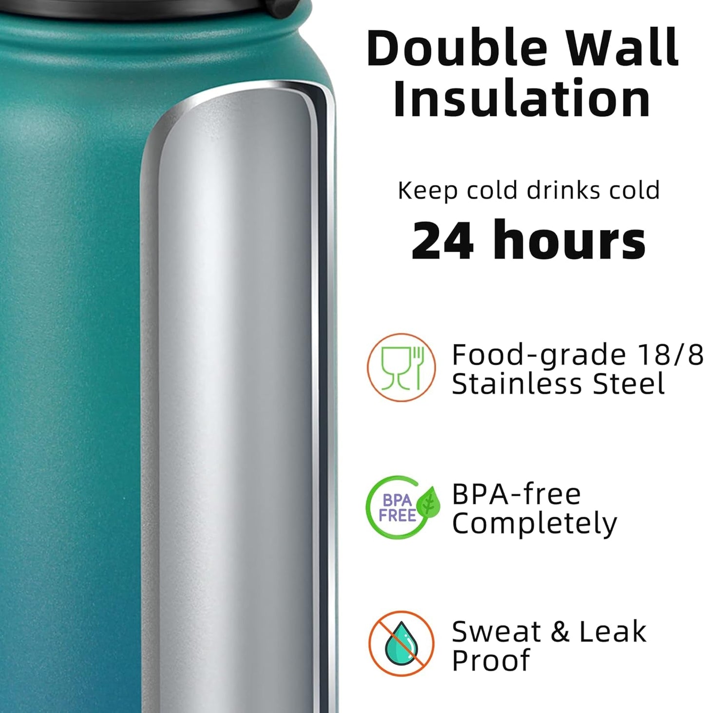 20 Oz Insulated Stainless Steel Water Bottle with 1 Lid (Chug Lid) - for Kids, Women, Men | Leak & Sweat Proof with Anti-Dust Lid (Green Blue)