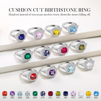 Birthstone Rings for Women 925 Sterling Silver Created Gemstone Cubic Zirconia Ring Heart/Pear/Round/Cushion/Emerald/Oval Engagement Double Halo Ring Size 6 to 10