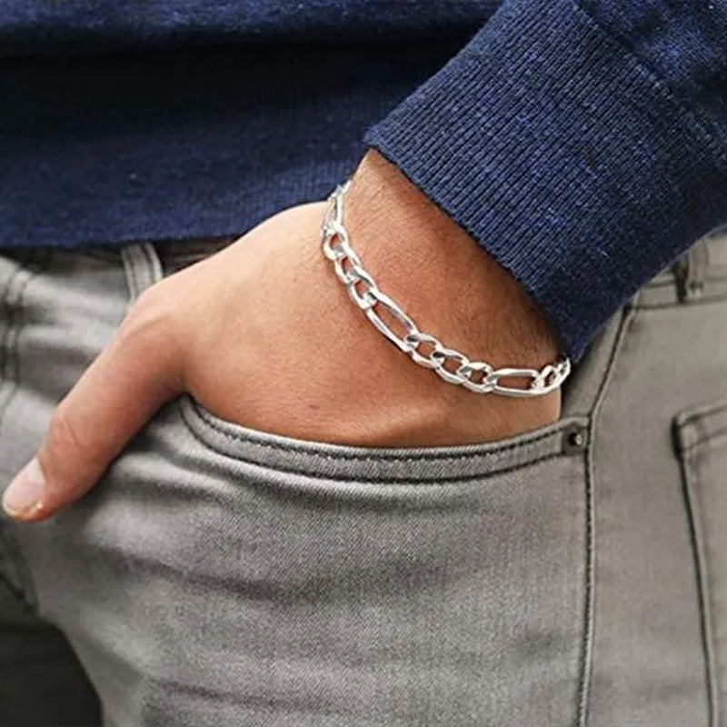 FASHION Mens Italian Sterling Silver Solid Figaro Link Chain Bracelet 8MM Men'S Figaro Link Bracelet