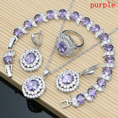 Oval 925 Silver Party Jewelry Sets blue sapphire White CZ Earrings Pendant Necklace Rings Bracelet Gift For Women